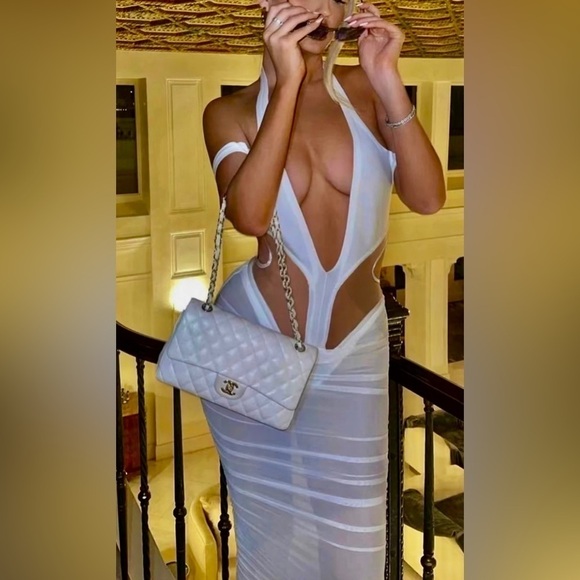 Classy Cut Out Mesh Cocktail Party Midi Dress One Piece Evening Swimsuit Wear - Picture 3 of 7